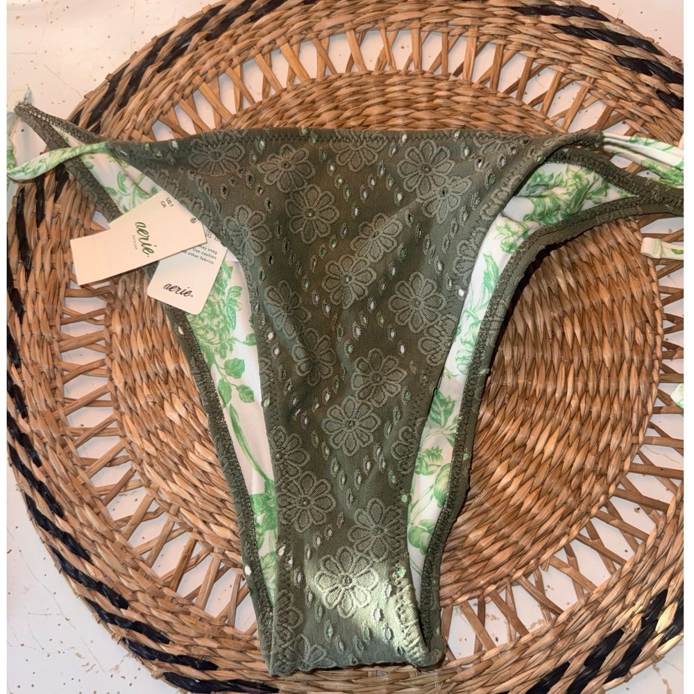 Aerie Real Good Bikini Olive Green Eyelet Lace Floral Side Tie Medium NWT